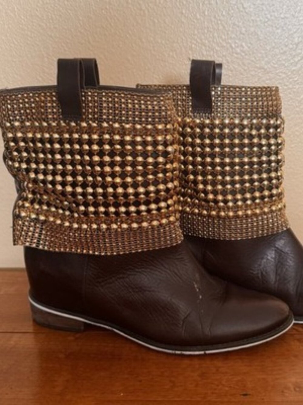 SCHUTZ Gold Beaded Women's Brown Leather Metal Mesh Ankle Boots Sz 9